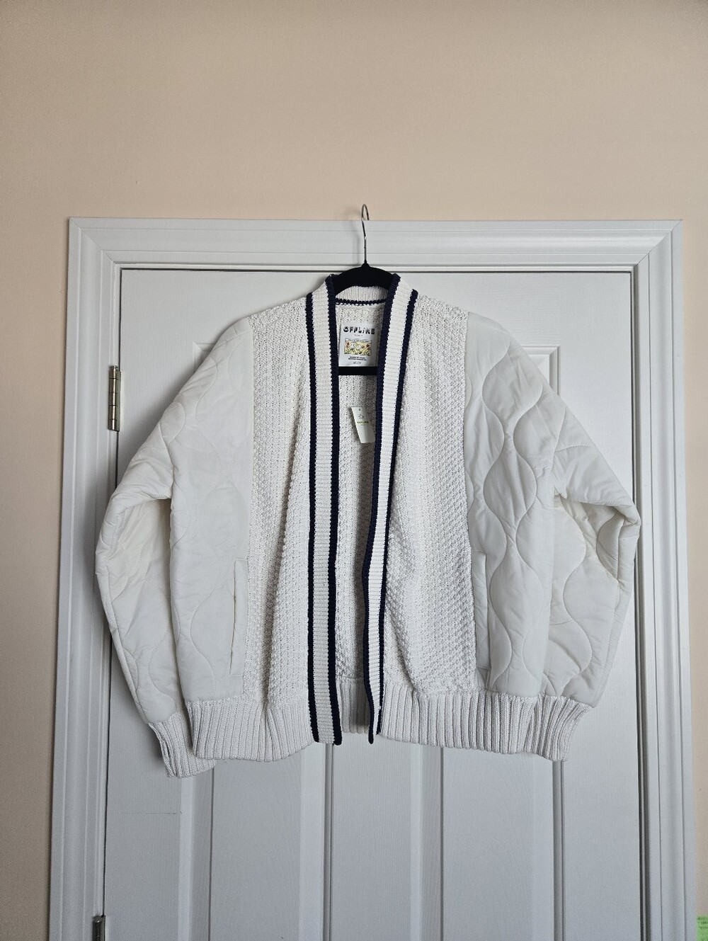aerie Cream Knit Cardigan with Navy Trim Sz XS NWT